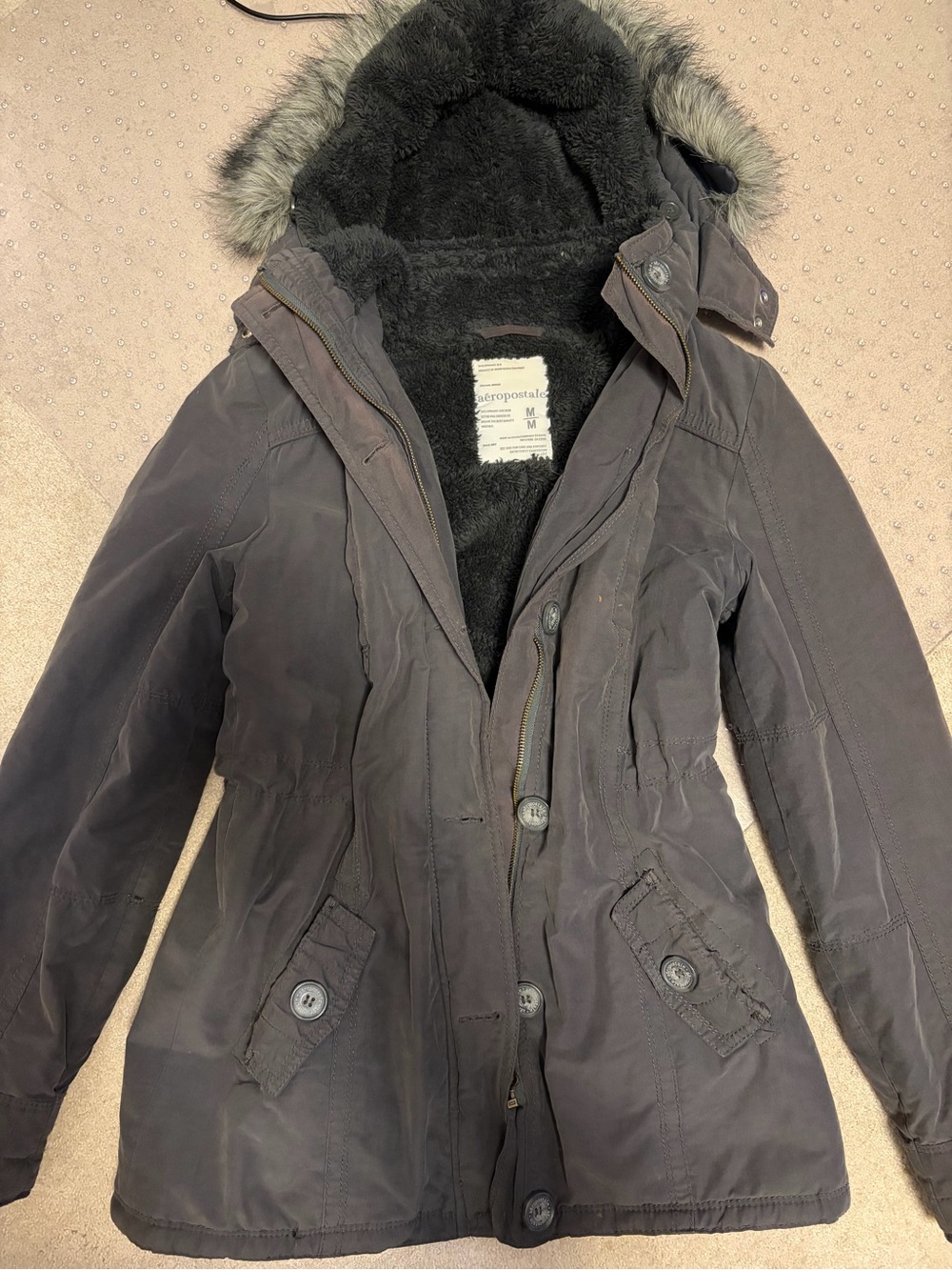 Aeropostale Women's Charcoal Hooded Faux-Fur Trim Parka